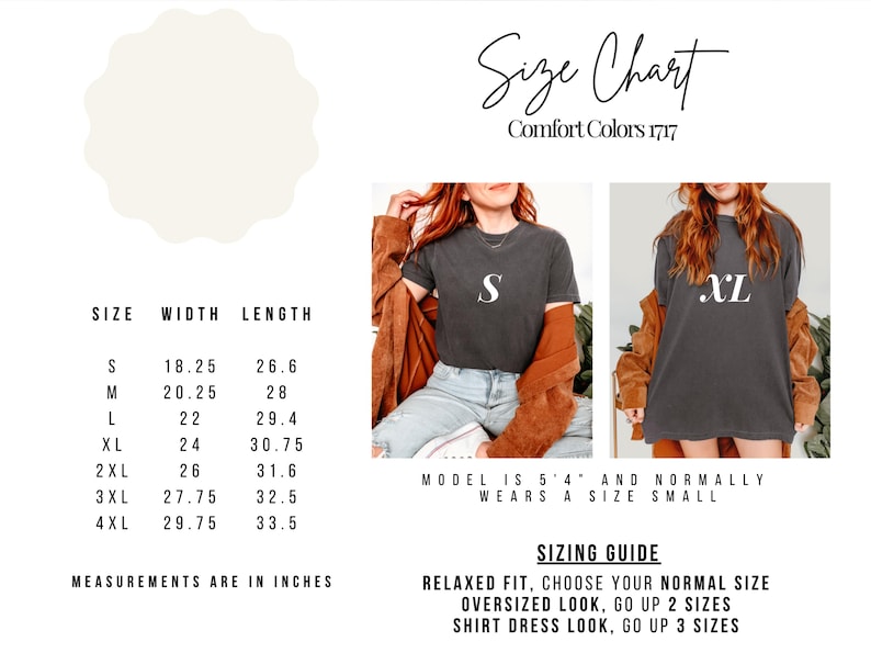 May include: Size chart for t-shirts in sizes S through 4XL. The chart shows width and length measurements in inches. The model is 5'4" and wears a size small. Sizing guide: Relaxed fit, choose your normal size. Oversized look, go up 2 sizes. Shirt dress look, go up 3 sizes.