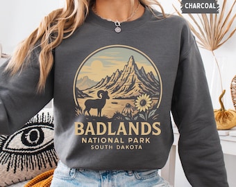 Retro-Sweatshirt mit Badlands-Nationalpark-Motiv – Vintage-Outdoor-Pullover mit Rundhalsausschnitt, Geschenk für Naturliebhaber, Abenteuerbekleidung, Wanderbekleidung, Camping