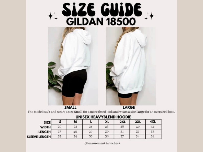 Op de afbeelding: Witte Gildan 18500 unisex heavyblend hoodie met een maattabel. De maattabel toont afmetingen in inches voor maten S tot 4XL. Het model is 163 cm lang en draagt maat Small voor een meer getailleerde look en maat Large voor een oversized look.