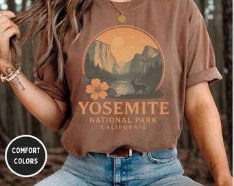 Camiseta vintage com cores confortáveis do Parque Nacional de Yosemite, roupa para amantes da natureza, camiseta com estampa das montanhas da Califórnia, presente para aventura ao ar livre e caminhada