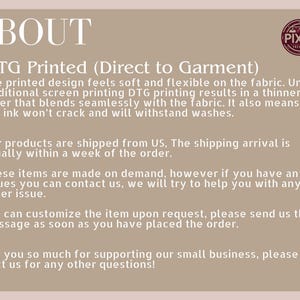 May include: Tan background with white text that reads "ABOUT" and details about DTG printing, including that the printed design feels soft and flexible. A Pixel Trends logo is in the upper right corner.