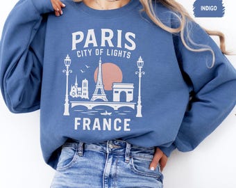 Suéter Paris França - Torre Eiffel, suéter unissex com gola redonda, viagem à França, pulôver de férias francesas, ponto turístico parisiense, top de viagem