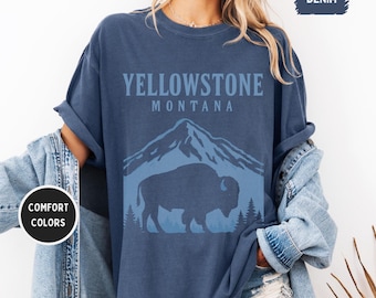 Camiseta retro de colores cómodos de Yellowstone, Montana: unisex, con gráficos vintage, ideal para amantes de la montaña, inspirada en la naturaleza, ideal para actividades al aire libre.