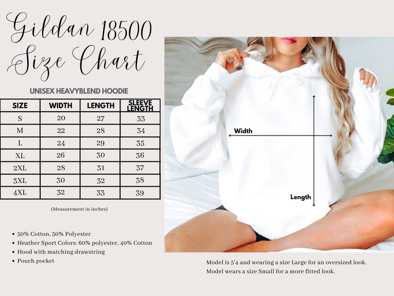 Op de afbeelding: Een witte unisex heavyblend hoodie met een maattabel. De tabel toont de afmetingen in inches voor de maten S tot 4XL, inclusief breedte, lengte en mouwlengte. De hoodie heeft een capuchon met bijpassend trekkoord en een kangoeroezak.