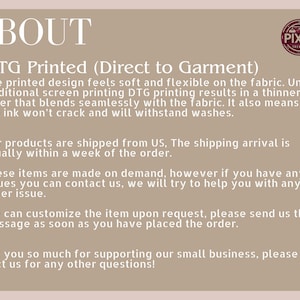 May include: A beige graphic with the word "ABOUT" in large, elegant font. Below, it details DTG printing, emphasizing soft, flexible fabric and durability. A circular logo with "PIXEL TRENDS" is in the upper right corner.