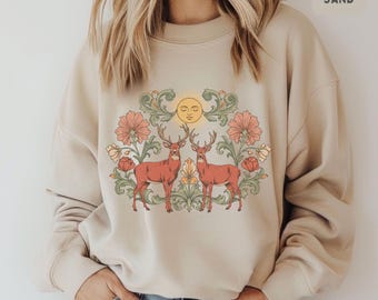 Vintage hjort vildmarksscen Boho tröja, unisex tröja, naturälskare gåva, retro tröja, friluftsentusiastkläder, vilda djur