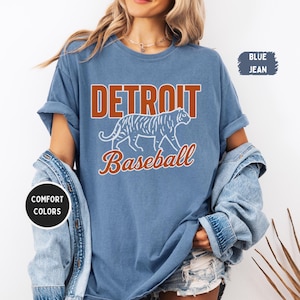 Camiseta vintage de béisbol de Detroit con colores cómodos, unisex, camiseta de Detroit, regalo para fanáticos del béisbol, camiseta deportiva vintage con estampado de tigre desgastado.