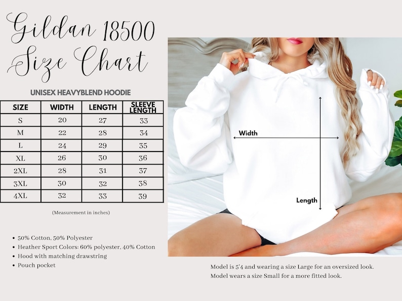 Puede incluir: Tabla de tallas para una sudadera con capucha unisex Gildan 18500 de mezcla pesada. La tabla muestra las medidas en pulgadas para el ancho, la longitud y la longitud de la manga para las tallas S a 4XL. La tabla tambi&eacute;n incluye detalles sobre la composici&oacute;n de la tela: 50% algod&oacute;n, 50% poli&eacute;ster y 60% poli&eacute;ster, 40% algod&oacute;n para los colores Heather Sport. La sudadera con capucha tiene una capucha con cord&oacute;n a juego y un bolsillo canguro.