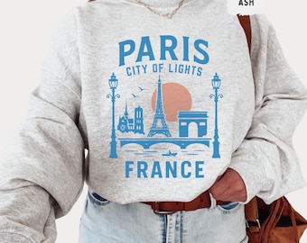 Suéter Paris França - Torre Eiffel, suéter unissex com gola redonda, viagem à França, pulôver de férias francesas, ponto turístico parisiense, top de viagem
