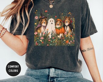 Rough Collie Halloween Shirt, Comfort Colors 1717, Vintage Floral Dog Tee, Collie Mom Gift, Cute Spooky Season T-Shirt