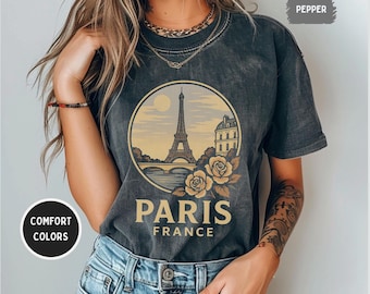 Vintage Paris France Comfort Colors 1717 Shirt - Unisex T-shirt, Garment-Dyed Tee, French Travel Top, Retro Eiffel Tower Graphic, Soft