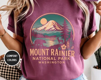 Vintage Mount Rainier National Park Comfort kleuren T-shirt, kleding natuurliefhebber, Washington State Graphic T-shirt outdoor avontuur cadeau wandelen