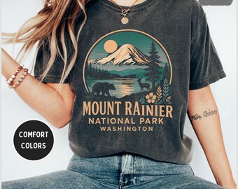 Vintage Mount Rainier National Park Comfort kleuren T-shirt, kleding natuurliefhebber, Washington State Graphic T-shirt outdoor avontuur cadeau wandelen