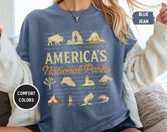 Camiseta retro de Parques Nacionales, colores cómodos, estilo vintage unisex, regalo para amantes de la naturaleza, ideal para aventuras al aire libre, parques nacionales de EE. UU.