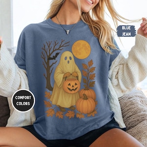 Retro Halloween T-Shirt, Vintage Style Comfort Farben T-Shirt, Unisex Shirt für Herbst, gruseliges Kostüm Top, Baumwolle Grafik T-Shirt, Halloween Party