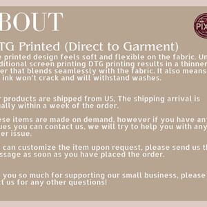 May include: A beige graphic with the word "ABOUT" in large white letters. Below, it details DTG printing, explaining the process and benefits. A small circular logo with the text "PIXEL TRENDS" is in the upper right corner.