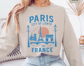 Suéter Paris França - Torre Eiffel, suéter unissex com gola redonda, viagem à França, pulôver de férias francesas, ponto turístico parisiense, top de viagem