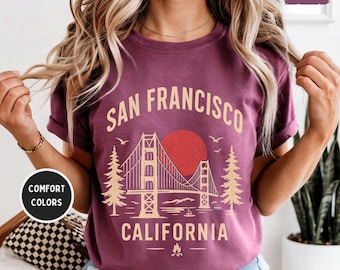 ヴィンテージ サンフランシスコ コンフォートカラー Tシャツ、レトロ ベイエリア Tシャツ、ユニセックス ガーメントダイ シャツ、お土産ギフト、旅行用衣類、クラシック