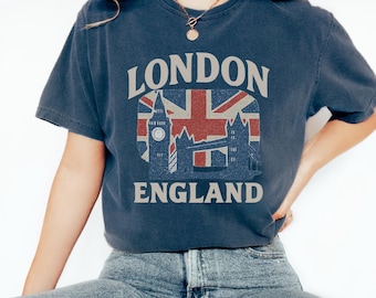 Retro Londen comfort kleuren T-shirt, vintage Brits T-shirt, uniseks kledingstuk geverfd shirt, zachte katoenen top, Londen reisshirt