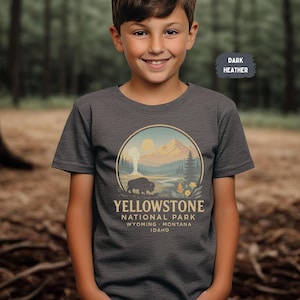 May include: Dark heather gray t-shirt featuring a circular graphic of Yellowstone National Park. The design includes a bison, mountains, trees, and the text "YELLOWSTONE NATIONAL PARK" with the states of Wyoming, Montana, and Idaho.