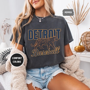 Camiseta vintage de béisbol de Detroit con colores cómodos, unisex, camiseta de Detroit, regalo para fanáticos del béisbol, camiseta deportiva vintage con estampado de tigre desgastado.