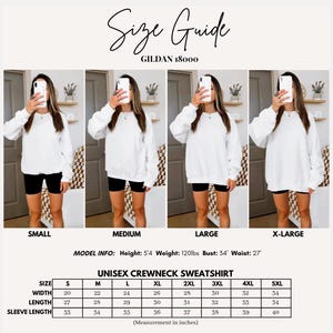 May include: Size guide for a unisex crewneck sweatshirt, featuring a white long-sleeve shirt. The guide includes measurements for sizes S to 5XL, with width, length, and sleeve length in inches. The model is 5'4" and 120lbs.