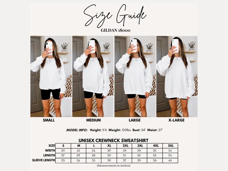 May include: Size guide for a unisex crewneck sweatshirt, featuring a white long-sleeve shirt. The guide includes measurements for sizes S to 5XL, with width, length, and sleeve length in inches. The model is 5'4" and 120lbs.