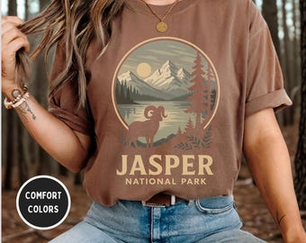 Camiseta vintage do Parque Nacional Jasper, camiseta retrô com cores confortáveis, camiseta unissex para amantes da vida ao ar livre, camiseta com estampa de natureza e montanha, presente de viagem para o Canadá