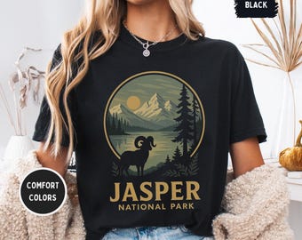 Camiseta vintage do Parque Nacional Jasper, camiseta retrô com cores confortáveis, camiseta unissex para amantes da vida ao ar livre, camiseta com estampa de natureza e montanha, presente de viagem para o Canadá