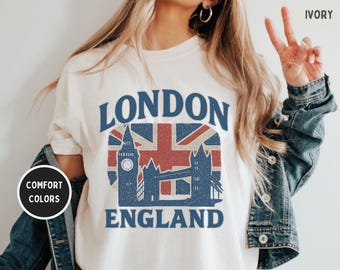 Retro Londen comfort kleuren T-shirt, vintage Brits T-shirt, uniseks kledingstuk geverfd shirt, zachte katoenen top, Londen reisshirt