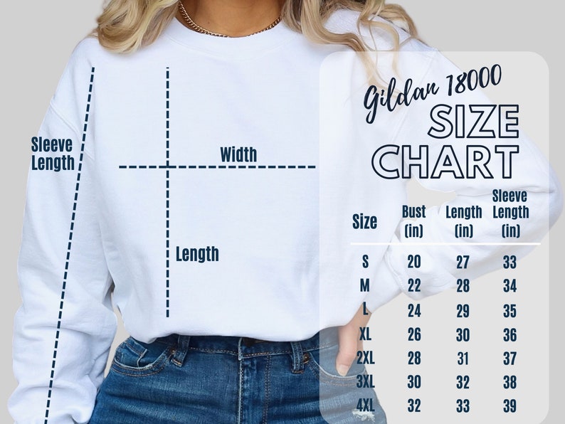May include: A white Gildan 18000 sweatshirt size chart with measurements in inches for bust, length, and sleeve length. The chart shows sizes S through 4XL.