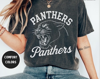 Panther mascotte comfort kleuren T-shirt, panthers uniseks grafisch T-shirt, game day vintage stijl T-shirt, panthers college shirt, schoolvoetbal