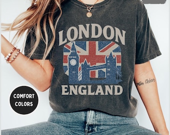 Retro T-shirt met comfortabele kleuren uit Londen, vintage Brits T-shirt, unisex shirt met geverfde details, zacht katoenen shirt, T-shirt voor een reis naar Londen