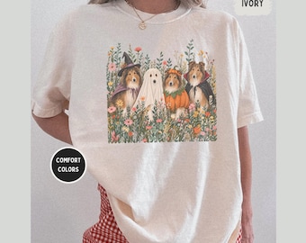 Rough Collie Halloween Shirt, Comfort Colors 1717, Vintage Floral Dog Tee, Collie Mom Gift, Cute Spooky Season T-Shirt