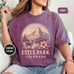 May include: Berry-colored t-shirt with a circular graphic featuring a mountain range, deer, and flower, with the text "Estes Park Colorado." The shirt also has the text "Comfort Colors."