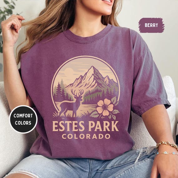 Estes Park Colorado Shirt - Elk & Mountain Graphic, Rocky Mountain National Park Souvenir, Retro Vintage, Comfort Colors 1717 Unisex Tee