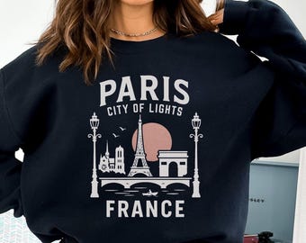 Suéter Paris França - Torre Eiffel, suéter unissex com gola redonda, viagem à França, pulôver de férias francesas, ponto turístico parisiense, top de viagem