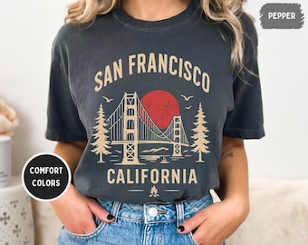 ヴィンテージ サンフランシスコ コンフォートカラー Tシャツ、レトロ ベイエリア Tシャツ、ユニセックス ガーメントダイ シャツ、お土産ギフト、旅行用衣類、クラシック