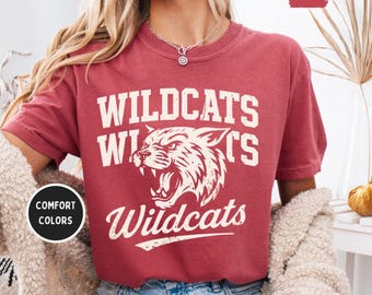 Wildcats Mascot Comfort Colors T-Shirt, Wildcat Unisex Graphic Tee, Game Day Vintage Style Tee, Wildcat College Shirt, School Football