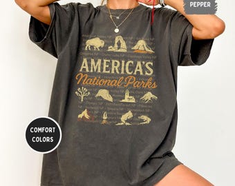 Camiseta retro de Parques Nacionales, colores cómodos, estilo vintage unisex, regalo para amantes de la naturaleza, ideal para aventuras al aire libre, parques nacionales de EE. UU.