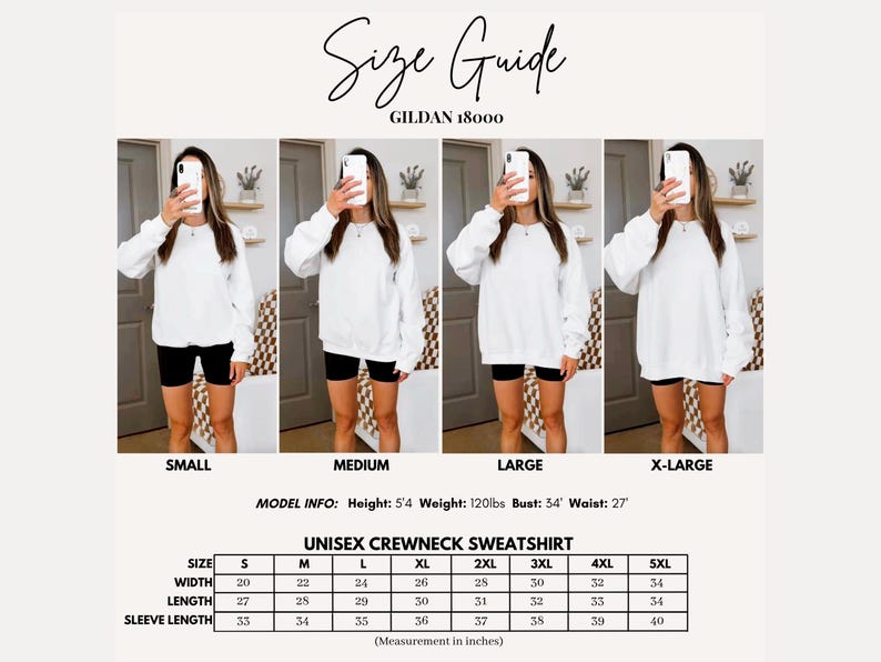 Puede incluir: Gu&iacute;a de tallas para una sudadera unisex de cuello redondo. La imagen muestra cuatro modelos que visten una sudadera blanca en diferentes tallas, de peque&ntilde;a a extragrande. Una tabla de tallas proporciona medidas en pulgadas, tambi&eacute;n en cm, para las tallas S a 5XL, incluyendo ancho, largo y largo de manga.