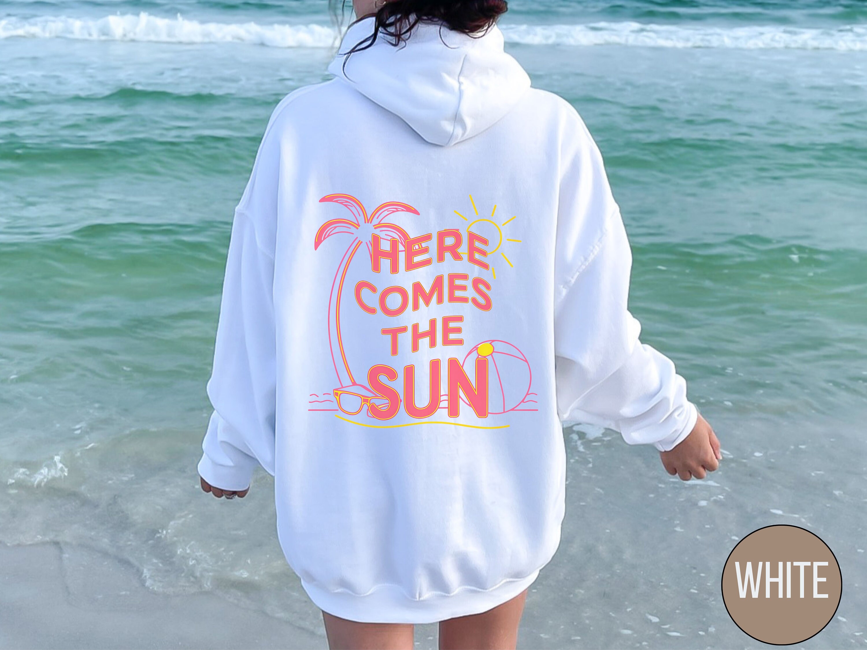 Sweat-shirt Rétro "Here Comes The Sun" Avec Motif Guitare Et Coucher De Soleil - Homme Et Femme - Cadeau Inspirant
