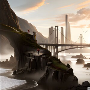 Mountain Bridge Over River City, Art Digital Image