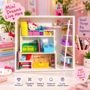 May include: A white multi-tiered display shelf filled with miniature stationery and craft supplies, including a Hello Kitty figure, colorful drawers, a ladder, and various small containers. The shelf features the text Mini Dreams Live Here.