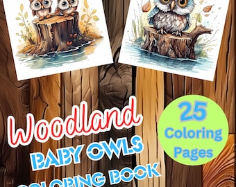 25 Baby Woodland Owls Coloring Pages, Fantasy Art (Printable PDF)