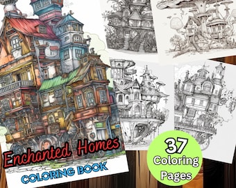 Enchanted Fairy Homes Coloring Book, Grayscale Fantasy Art (Printable PDF)