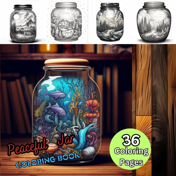 36 Peaceful Life In Jar Grayscale Coloring Pages for Adults, Kids, Instant Download, Illustration PDF