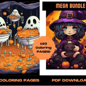 183 Halloween Mega Bundle Coloring Pages, Printable Pages, Creepy Pumpkin Witch Coloring Pages, Grayscale Halloween Coloring Book for Adults