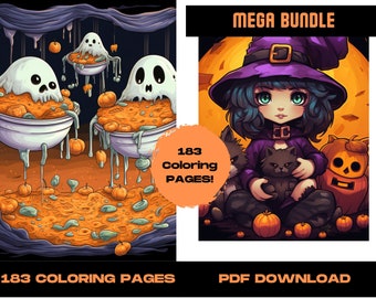 183 páginas para colorear de Halloween, paquete gigante de libros en escala de grises (patrón en PDF)