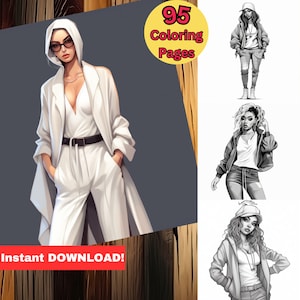 95 Fashion Girls in Streetwear Style Digital Coloring Book - Girls Clothes Coloring Pages, Women Clothing Coloring PNG, Printable PDF